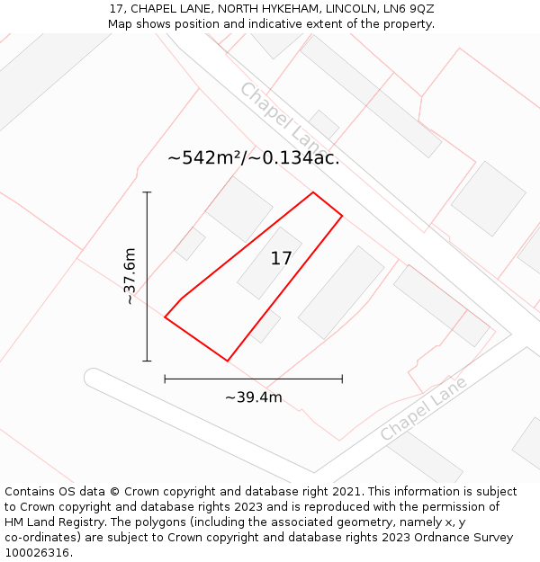 17, CHAPEL LANE, NORTH HYKEHAM, LINCOLN, LN6 9QZ: Plot and title map