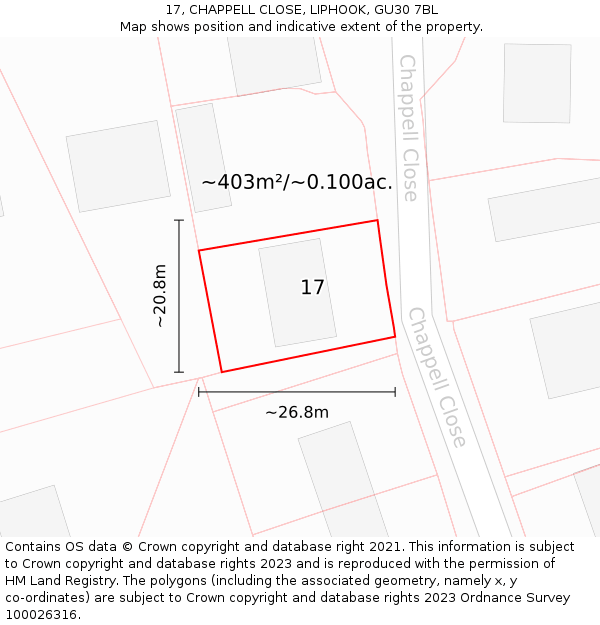 17, CHAPPELL CLOSE, LIPHOOK, GU30 7BL: Plot and title map