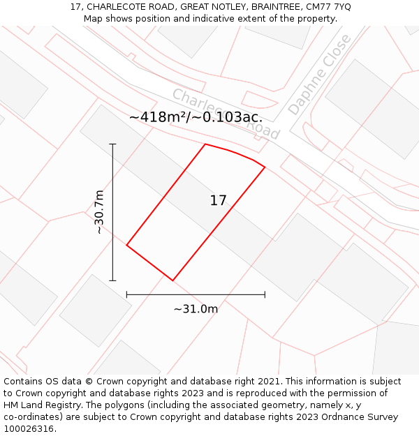 17, CHARLECOTE ROAD, GREAT NOTLEY, BRAINTREE, CM77 7YQ: Plot and title map