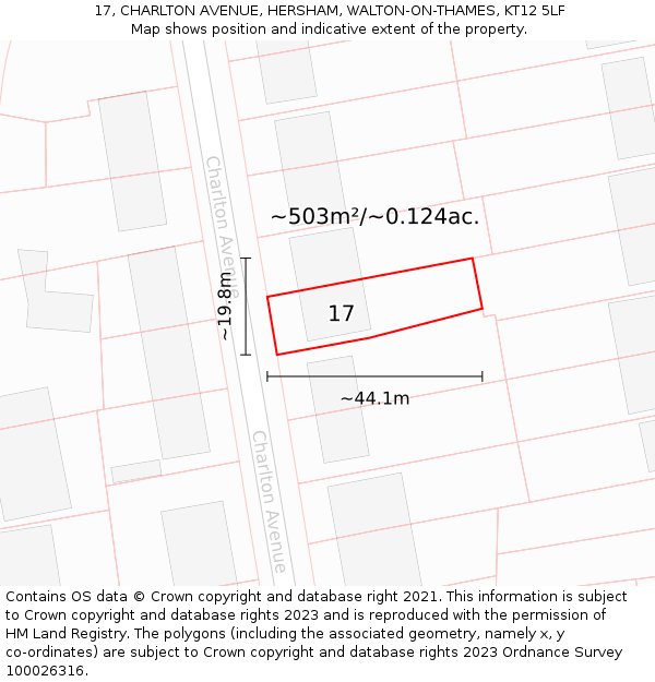 17, CHARLTON AVENUE, HERSHAM, WALTON-ON-THAMES, KT12 5LF: Plot and title map