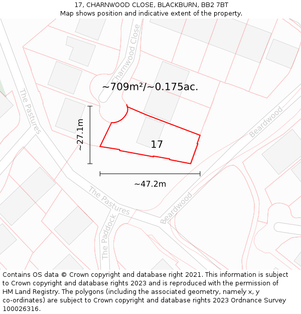 17, CHARNWOOD CLOSE, BLACKBURN, BB2 7BT: Plot and title map