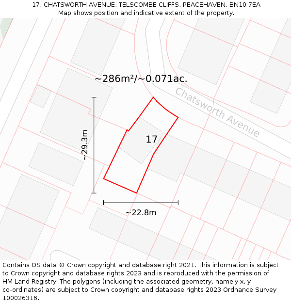 17, CHATSWORTH AVENUE, TELSCOMBE CLIFFS, PEACEHAVEN, BN10 7EA: Plot and title map