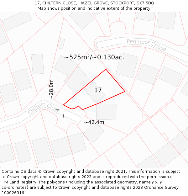 17, CHILTERN CLOSE, HAZEL GROVE, STOCKPORT, SK7 5BQ: Plot and title map