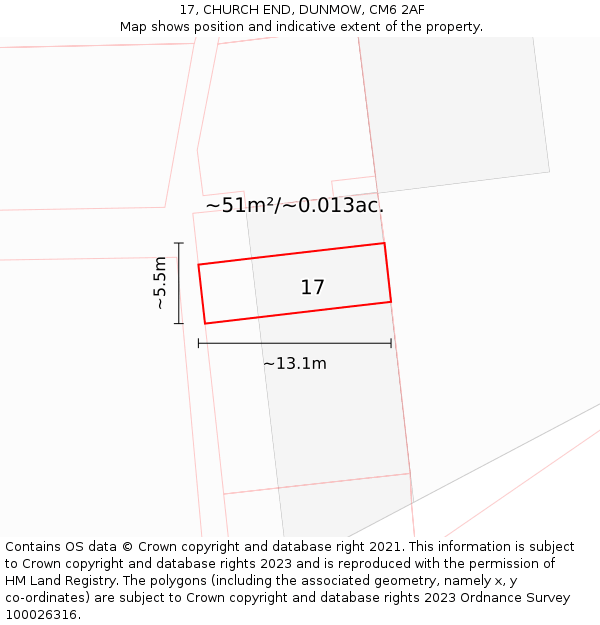 17, CHURCH END, DUNMOW, CM6 2AF: Plot and title map