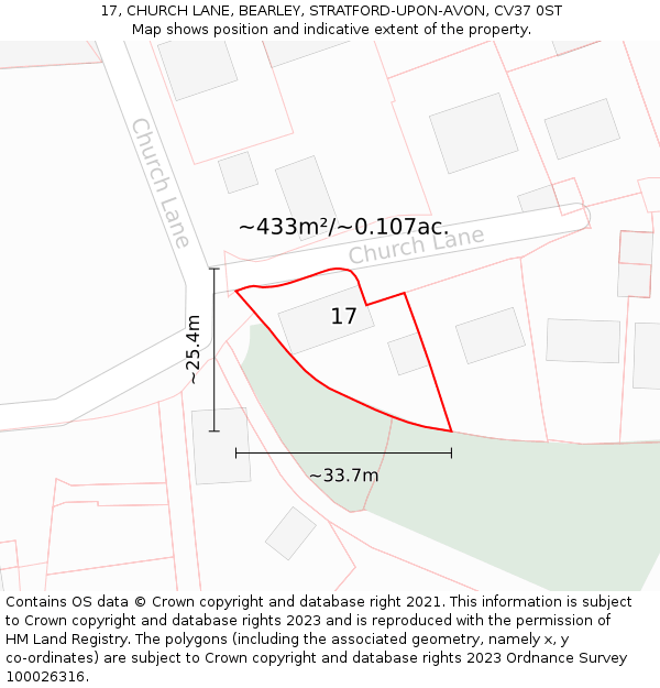 17, CHURCH LANE, BEARLEY, STRATFORD-UPON-AVON, CV37 0ST: Plot and title map