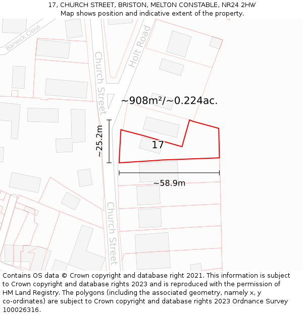 17, CHURCH STREET, BRISTON, MELTON CONSTABLE, NR24 2HW: Plot and title map