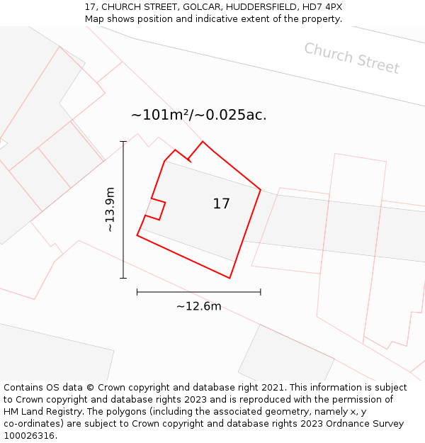 17, CHURCH STREET, GOLCAR, HUDDERSFIELD, HD7 4PX: Plot and title map