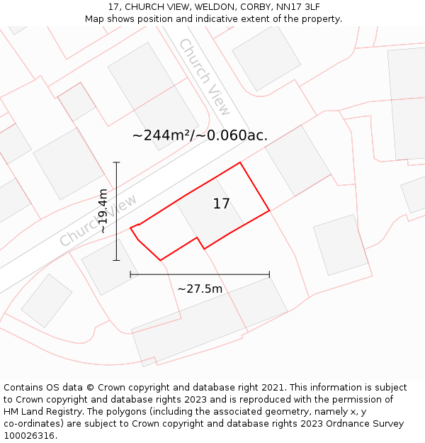 17, CHURCH VIEW, WELDON, CORBY, NN17 3LF: Plot and title map