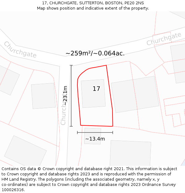 17, CHURCHGATE, SUTTERTON, BOSTON, PE20 2NS: Plot and title map