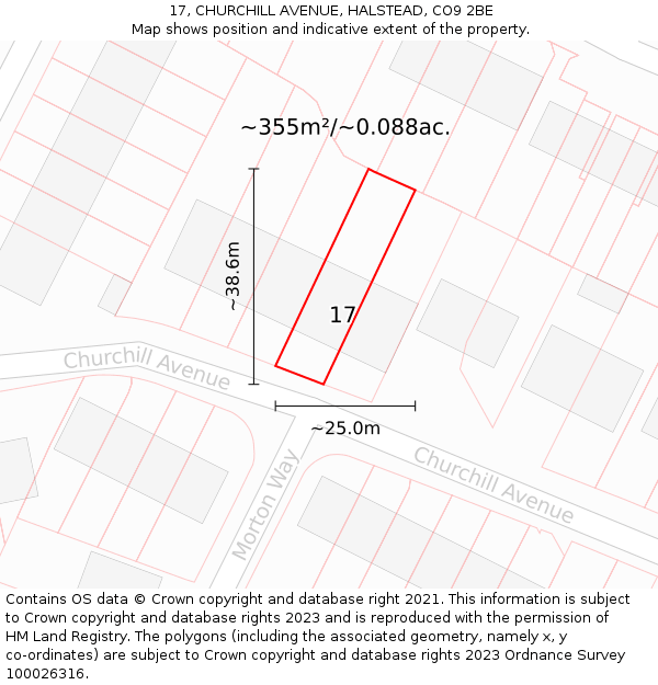 17, CHURCHILL AVENUE, HALSTEAD, CO9 2BE: Plot and title map