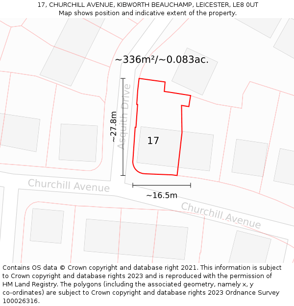 17, CHURCHILL AVENUE, KIBWORTH BEAUCHAMP, LEICESTER, LE8 0UT: Plot and title map