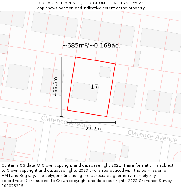 17, CLARENCE AVENUE, THORNTON-CLEVELEYS, FY5 2BG: Plot and title map