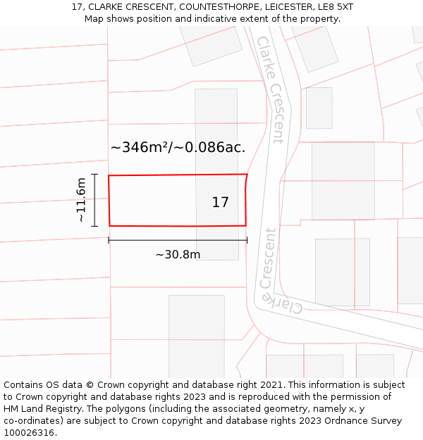17, CLARKE CRESCENT, COUNTESTHORPE, LEICESTER, LE8 5XT: Plot and title map