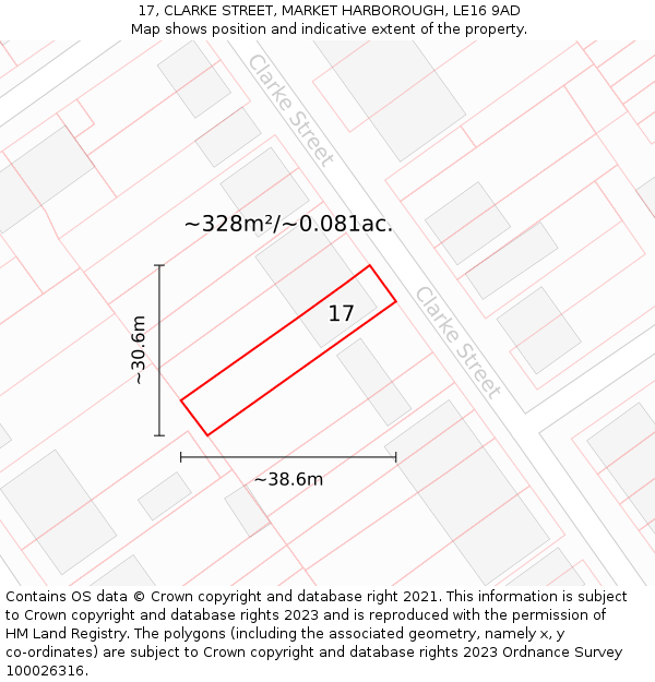 17, CLARKE STREET, MARKET HARBOROUGH, LE16 9AD: Plot and title map