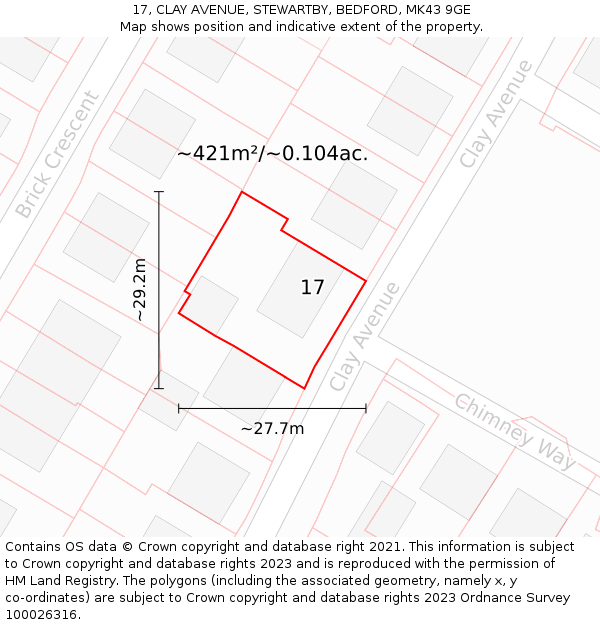 17, CLAY AVENUE, STEWARTBY, BEDFORD, MK43 9GE: Plot and title map