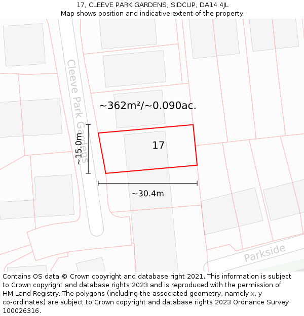 17, CLEEVE PARK GARDENS, SIDCUP, DA14 4JL: Plot and title map