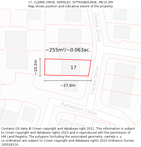 17, CLERKE DRIVE, KEMSLEY, SITTINGBOURNE, ME10 2RY: Plot and title map