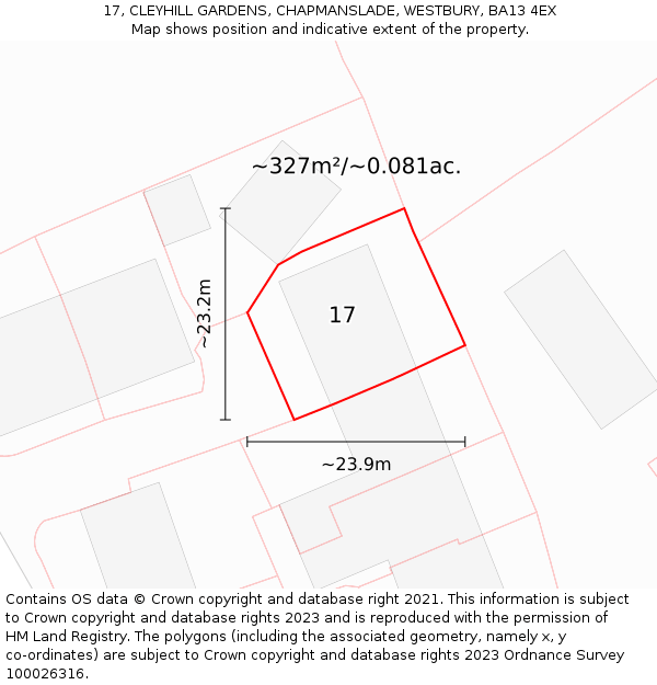 17, CLEYHILL GARDENS, CHAPMANSLADE, WESTBURY, BA13 4EX: Plot and title map