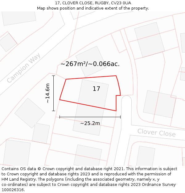 17, CLOVER CLOSE, RUGBY, CV23 0UA: Plot and title map