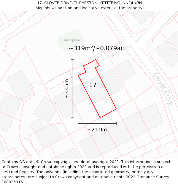 17, CLOVER DRIVE, THRAPSTON, KETTERING, NN14 4RN: Plot and title map