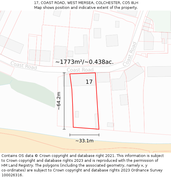 17, COAST ROAD, WEST MERSEA, COLCHESTER, CO5 8LH: Plot and title map