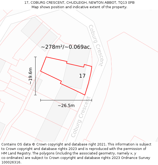 17, COBURG CRESCENT, CHUDLEIGH, NEWTON ABBOT, TQ13 0PB: Plot and title map