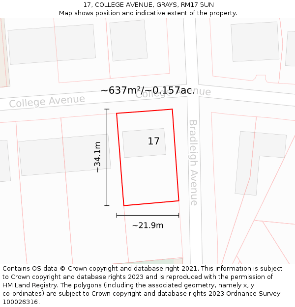 17, COLLEGE AVENUE, GRAYS, RM17 5UN: Plot and title map