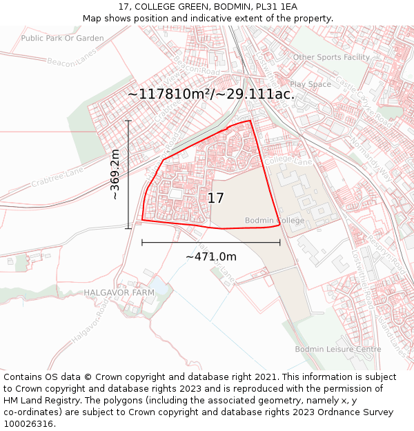 17, COLLEGE GREEN, BODMIN, PL31 1EA: Plot and title map