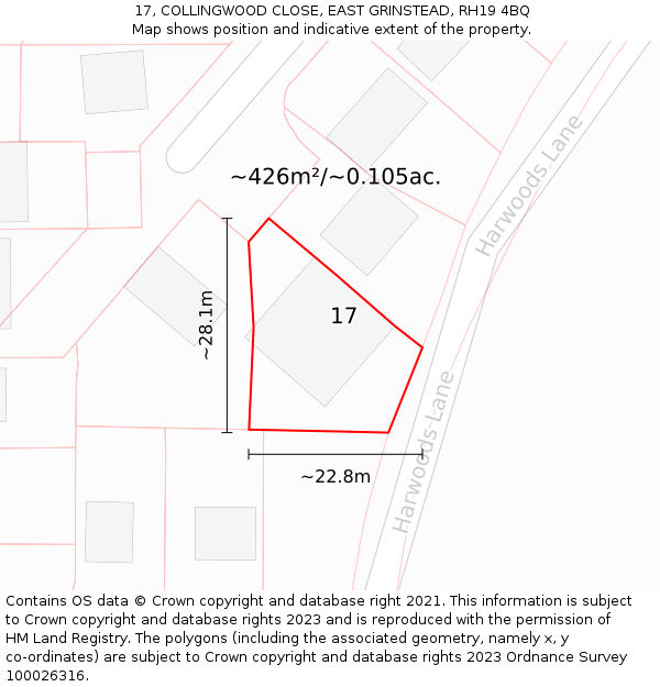 17, COLLINGWOOD CLOSE, EAST GRINSTEAD, RH19 4BQ: Plot and title map