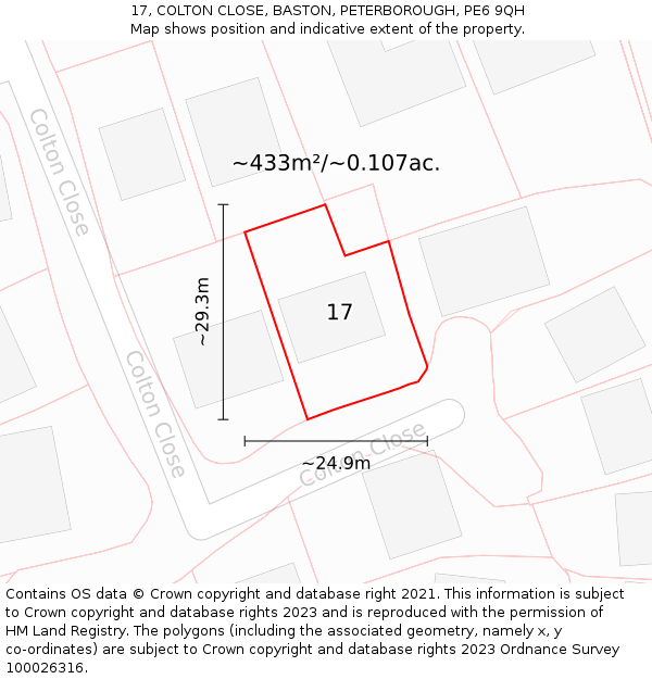 17, COLTON CLOSE, BASTON, PETERBOROUGH, PE6 9QH: Plot and title map