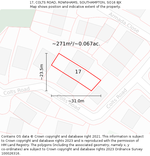 17, COLTS ROAD, ROWNHAMS, SOUTHAMPTON, SO16 8JX: Plot and title map