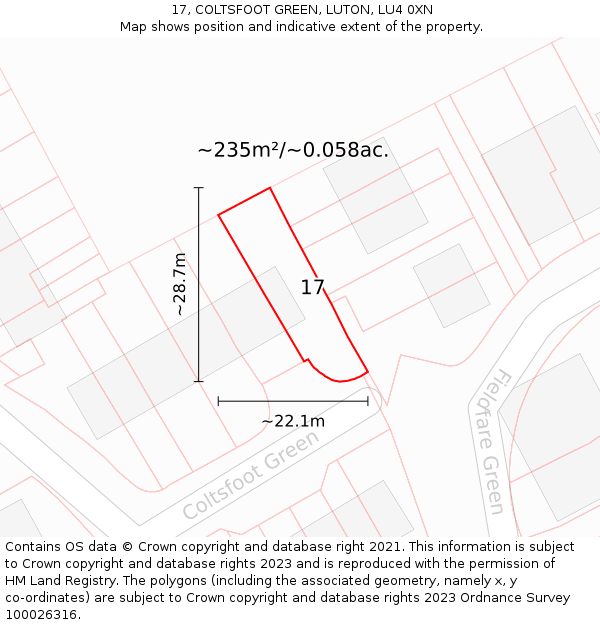 17, COLTSFOOT GREEN, LUTON, LU4 0XN: Plot and title map