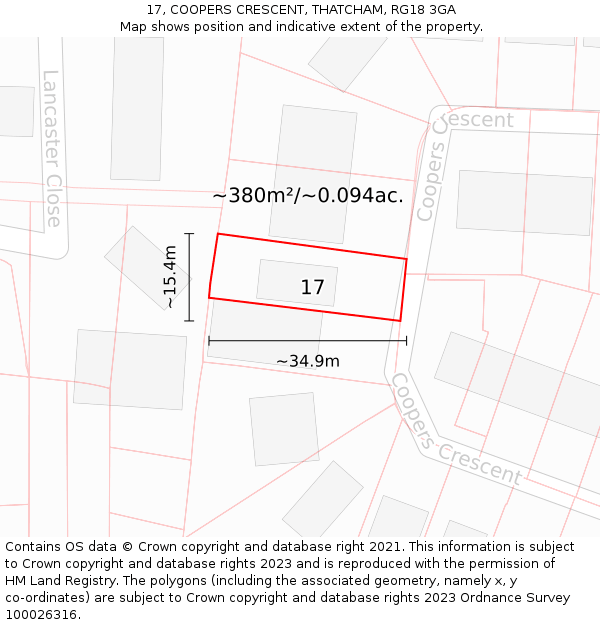 17, COOPERS CRESCENT, THATCHAM, RG18 3GA: Plot and title map