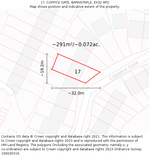 17, COPPICE GATE, BARNSTAPLE, EX32 9PD: Plot and title map