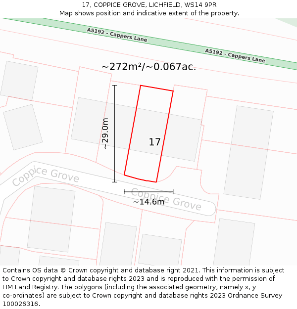 17, COPPICE GROVE, LICHFIELD, WS14 9PR: Plot and title map