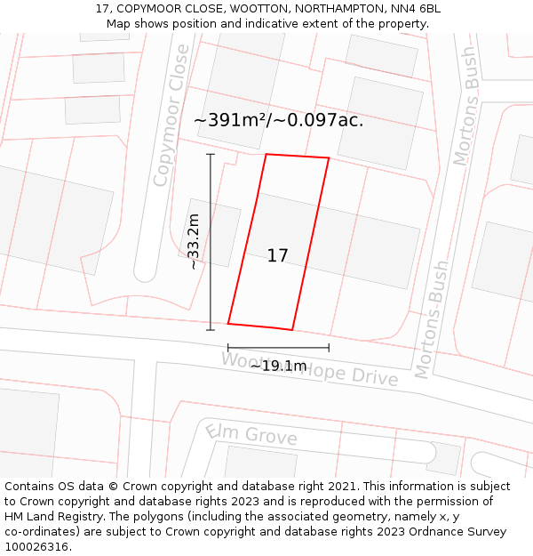 17, COPYMOOR CLOSE, WOOTTON, NORTHAMPTON, NN4 6BL: Plot and title map