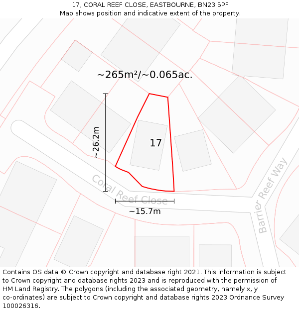 17, CORAL REEF CLOSE, EASTBOURNE, BN23 5PF: Plot and title map