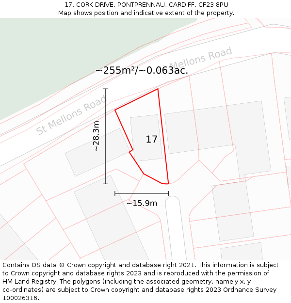 17, CORK DRIVE, PONTPRENNAU, CARDIFF, CF23 8PU: Plot and title map