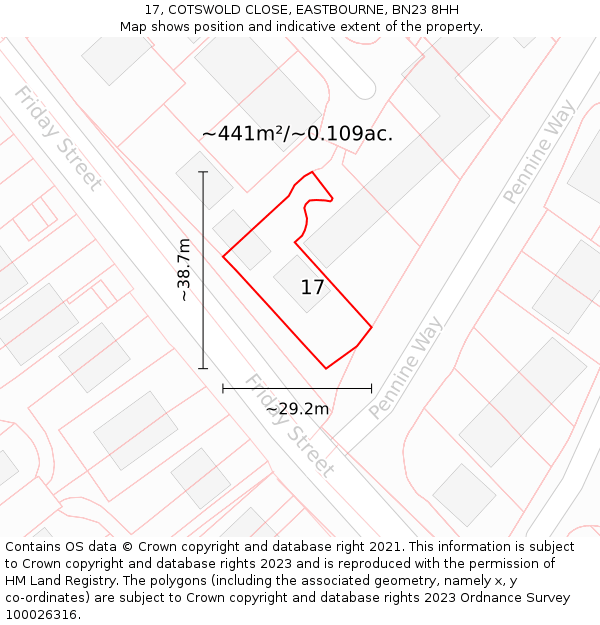 17, COTSWOLD CLOSE, EASTBOURNE, BN23 8HH: Plot and title map