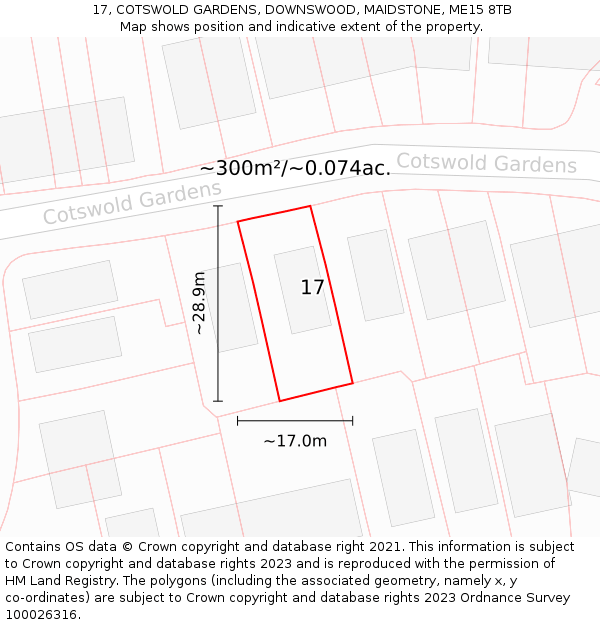17, COTSWOLD GARDENS, DOWNSWOOD, MAIDSTONE, ME15 8TB: Plot and title map
