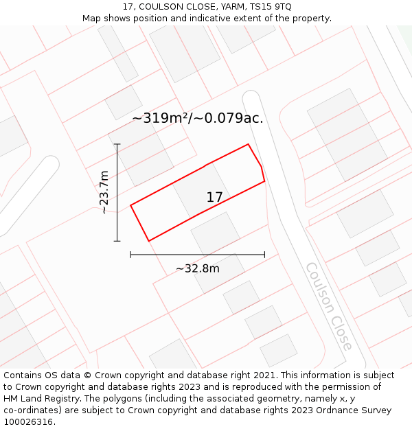 17, COULSON CLOSE, YARM, TS15 9TQ: Plot and title map