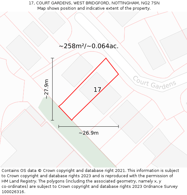 17, COURT GARDENS, WEST BRIDGFORD, NOTTINGHAM, NG2 7SN: Plot and title map