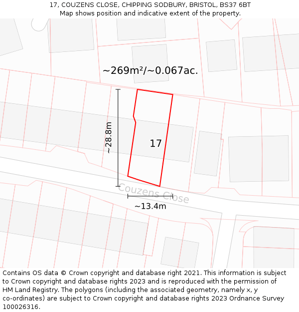 17, COUZENS CLOSE, CHIPPING SODBURY, BRISTOL, BS37 6BT: Plot and title map
