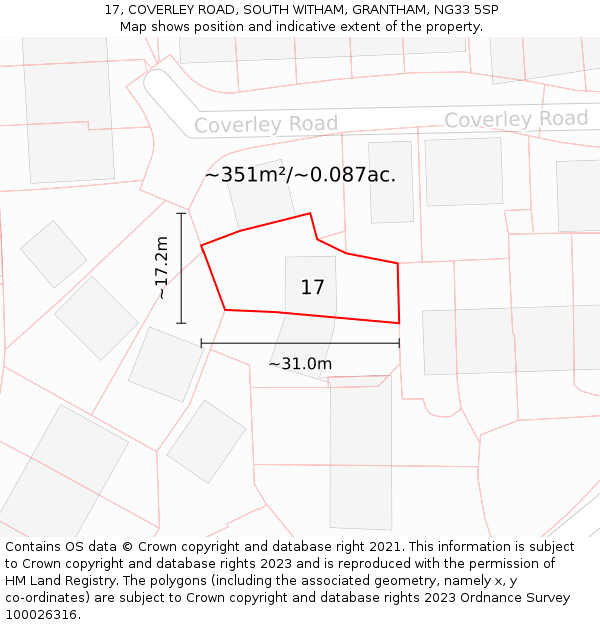 17, COVERLEY ROAD, SOUTH WITHAM, GRANTHAM, NG33 5SP: Plot and title map