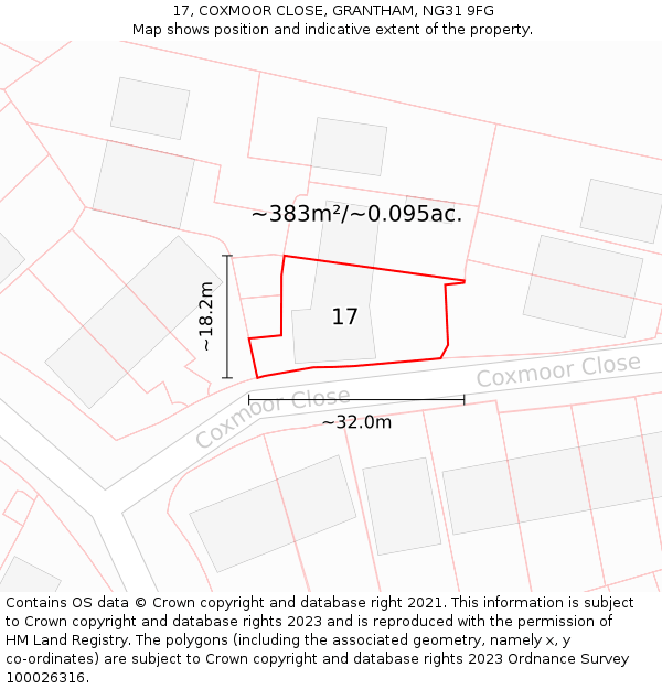 17, COXMOOR CLOSE, GRANTHAM, NG31 9FG: Plot and title map