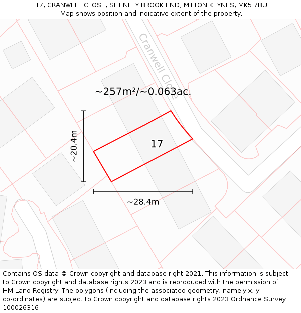 17, CRANWELL CLOSE, SHENLEY BROOK END, MILTON KEYNES, MK5 7BU: Plot and title map