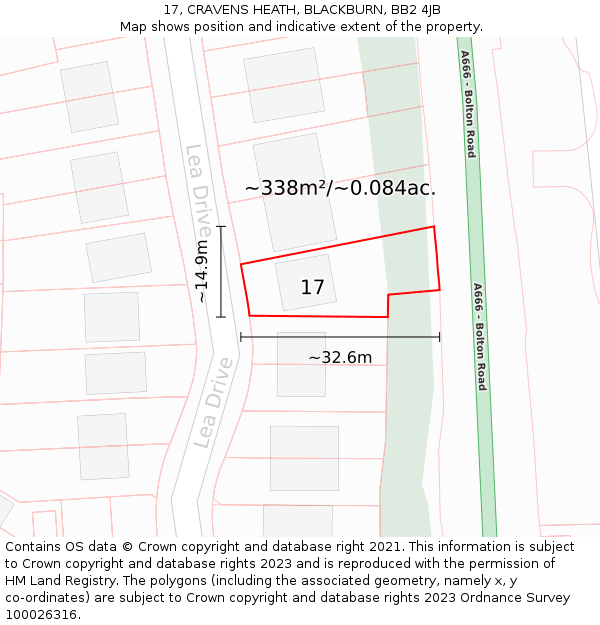 17, CRAVENS HEATH, BLACKBURN, BB2 4JB: Plot and title map