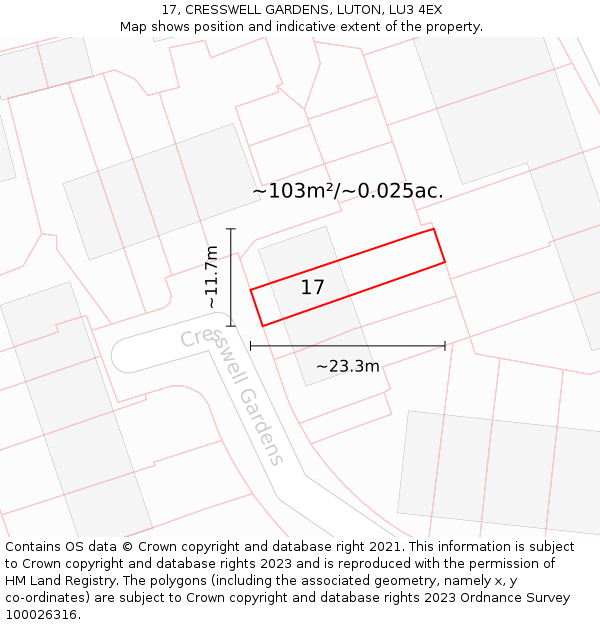 17, CRESSWELL GARDENS, LUTON, LU3 4EX: Plot and title map