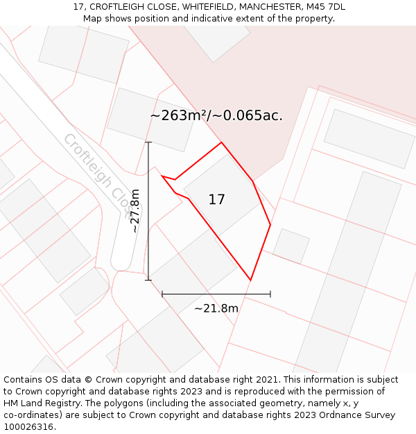 17, CROFTLEIGH CLOSE, WHITEFIELD, MANCHESTER, M45 7DL: Plot and title map