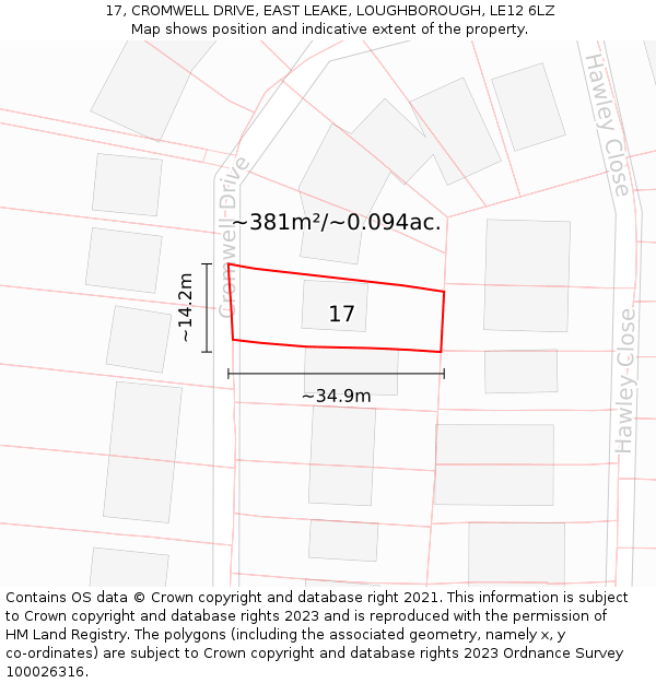 17, CROMWELL DRIVE, EAST LEAKE, LOUGHBOROUGH, LE12 6LZ: Plot and title map